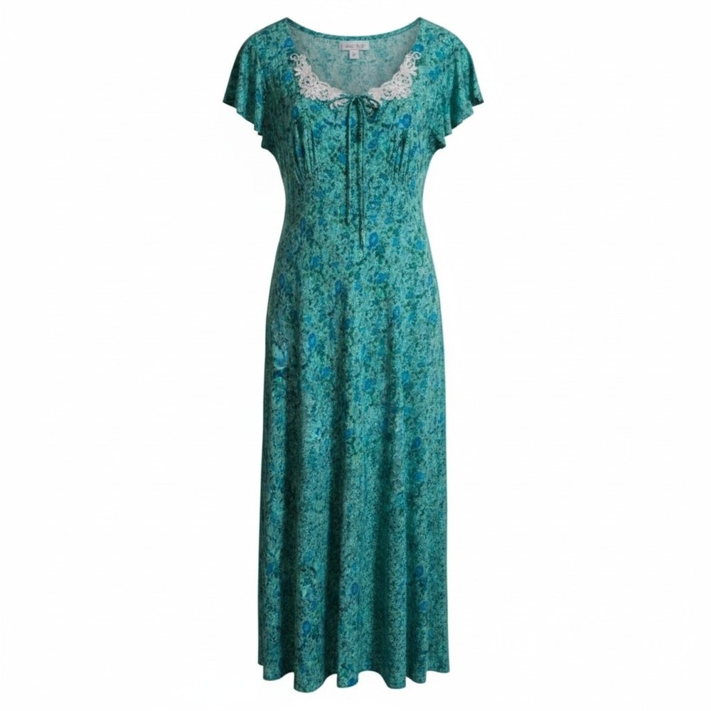 Coldwater Creek Midi Dress Womens 16 Green Floral Lace Trim Flutter Sleeve Rayon
